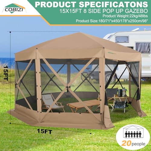 Image of COBIZI 15x15 FT Pop Up Gazebo - Canopy Tent, Large Gazebos On Clearance,Instant Screened in Gazebo,carpas para Patio,Portable Screen Tents for 12-15 Persons Outdoor Camping, Backyard,Khaki