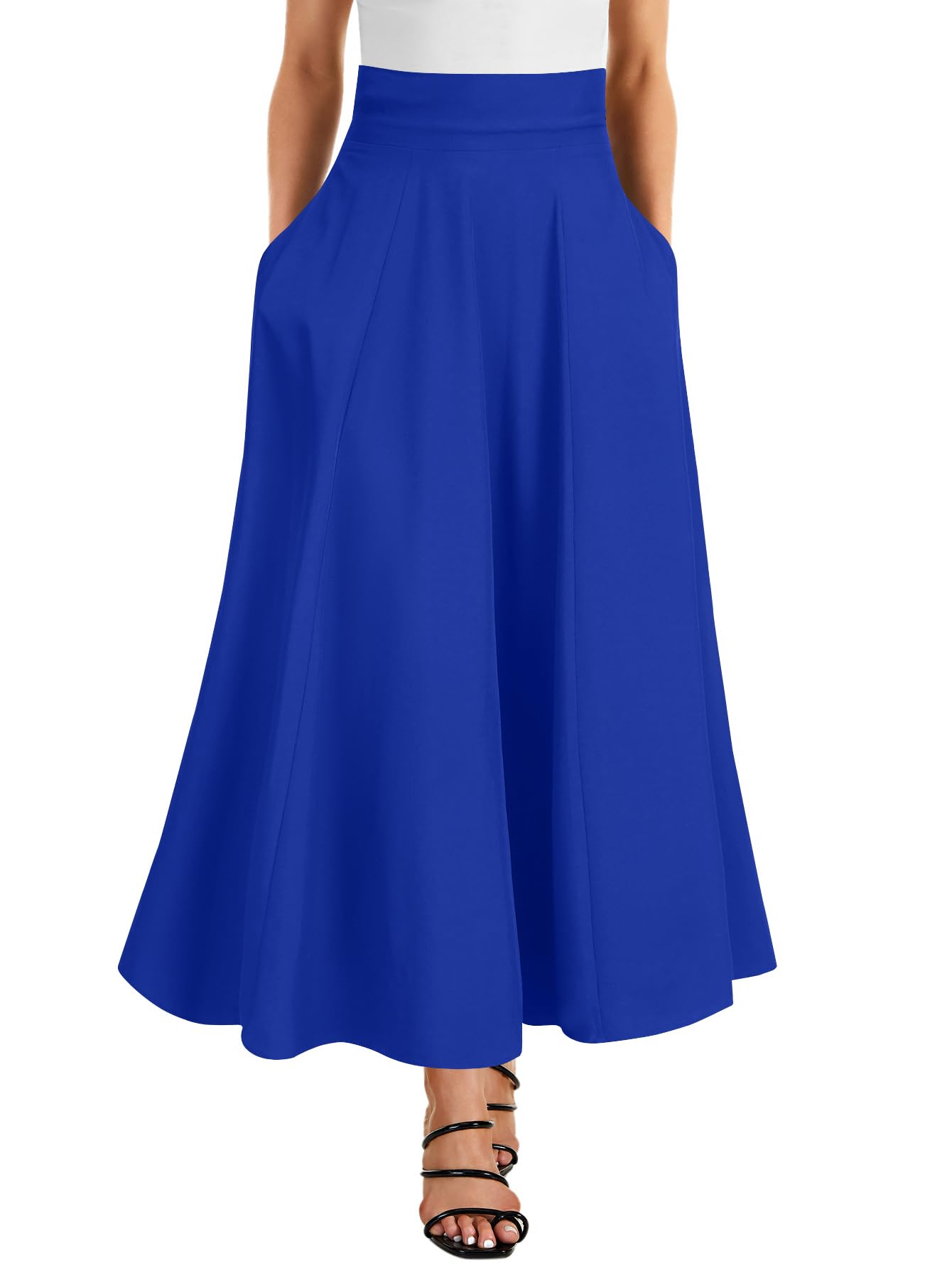 Rooscier Womens Elastic High Waist Tie Knot Back A-Line Flared with Pockets Long Skirt