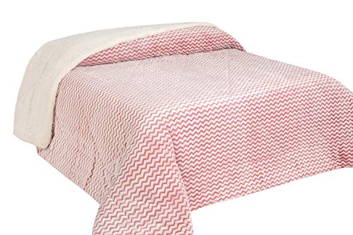 M.R. & C - Manta para Cama. Interior Franela Sherpa. Exterior de Terciopelo en Zigzag Suave (Rosa/Blanco 240x260x3 cm)