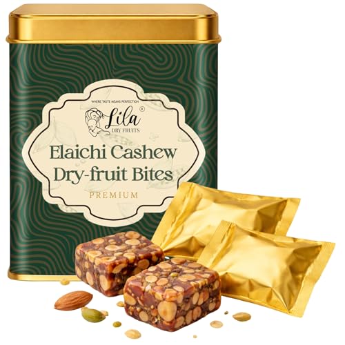 Image of LILA DRY FRUITS Dry Fruit Bites 200 gms Elaichi Cashew Dry Fruits Barfi | Dates, Cashews, Cranberries, Desi Ghee & Cardamom | Soft Energy Bites | Natural Sweet Snack for Daily Munching Perfect for Gifting