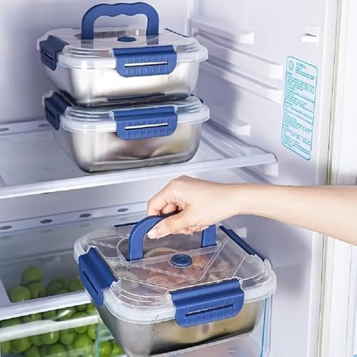Image of Tanjiae Stainless Steel Lunch Box with Lid and Lock Clips, 1500ml Food Storage Container with Handle and Clear Top, Square Metal Food Container for Kitchen and Meal Storage (1PCS)