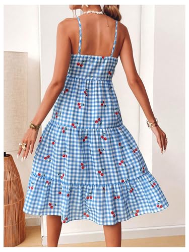 Image of MakeMeChic Women's Cherry Gingham Cami Dress Spaghetti Strap Ruffle Tiered Summer Midi Dresses Blue Large