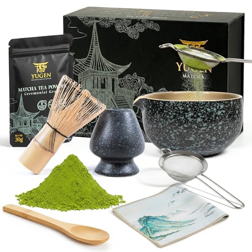 YUGEN MATCHA 7 Piece Matcha Whisk Set, Includes 30g Ceremonial Grade Matcha Powder, Metal Sifter, Bamboo Whisk, Whisk Holder, Bamboo Spoon, Tea Cloth, Matcha Bowl, Tea Set, Ceremony Set