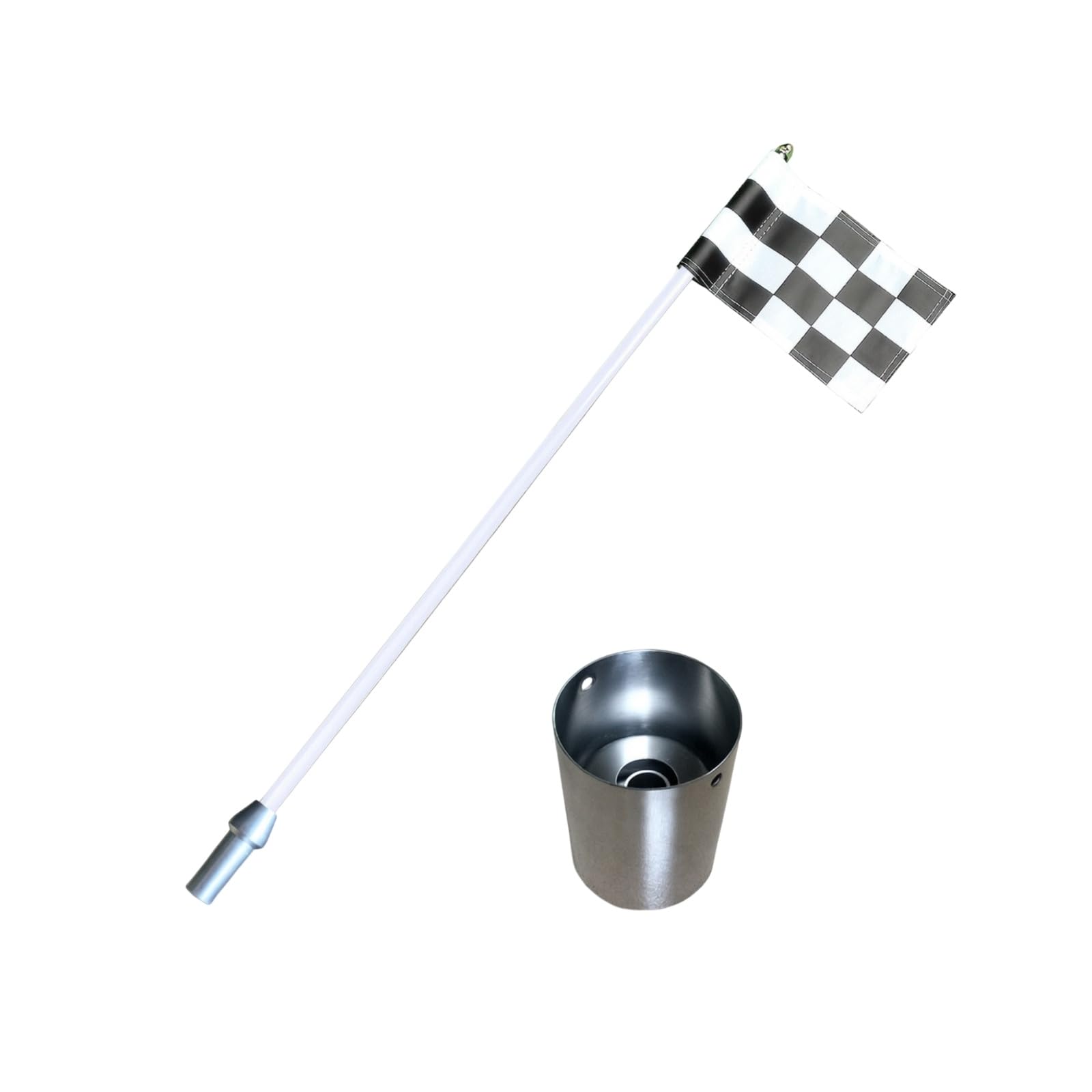 Golf-Flaggenstange mit Edelstahlbecher Stabil Golflochbecher Wetterfest Golfzubehör für Garten, Schwarz, Weiß, 85cm Weißer Stab, Schwarz-weiß Karierte Flagge, Edelstahl-Lochbecher