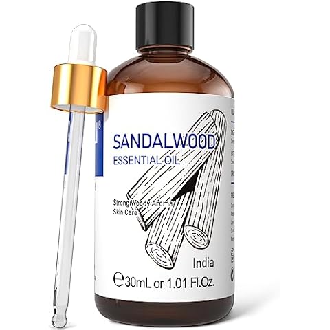 HIQILI Sandalwood Essential Oils 1 Fl Oz, 100% Pure Natural Therapeutic Grade for Skin, Diffuser, Perfume, Candle Soap Making, Includes Premium Quality Glass Dropper Cover