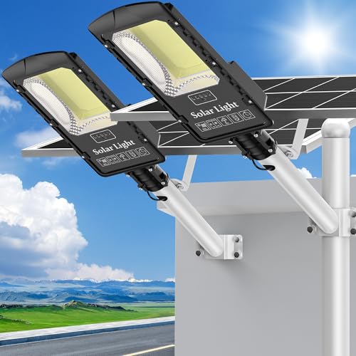 OKPRO 20000W Large Solar Street Lights Outdoor Waterproof, IP66 7000K 320° Wide Angle Heavy Duty 40000mah Dusk to Dawn Solar Lights for Commercial/Parking Lot/Yard, Luces Solares para Exteriores