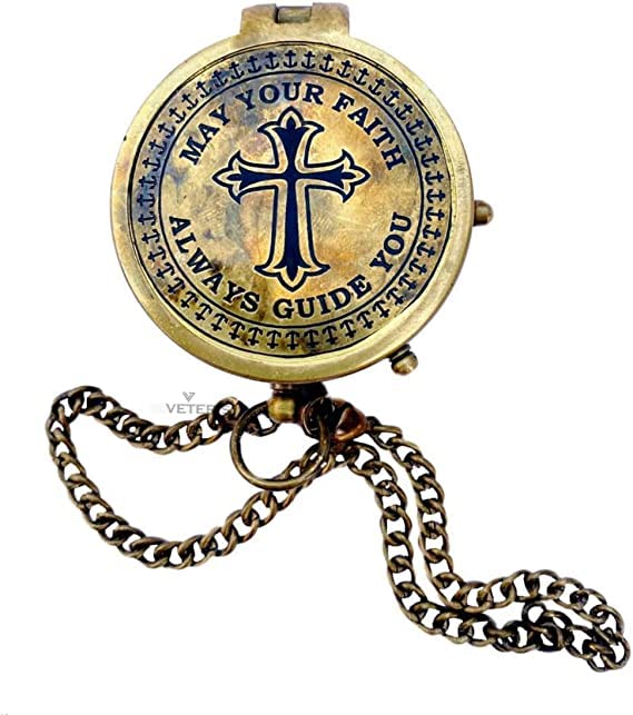 VETERIS Directional Engraved Compass Working May Your Faith Always Guide You, Baptism Gifts with Leather Case or Wooden Case for Loved Ones, Son, Father, Love, Partner, Spouse, Fiancé.
