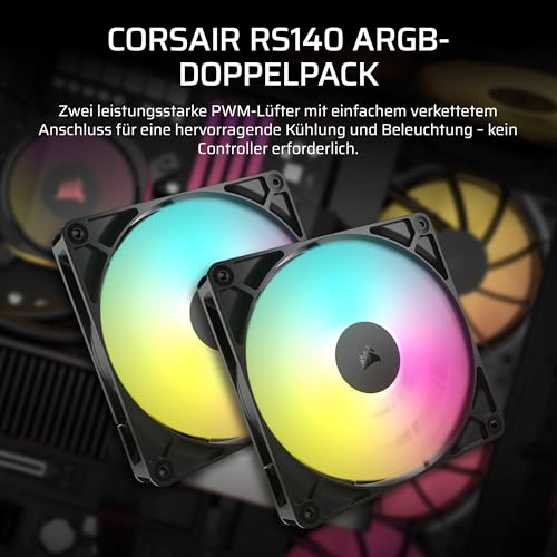 CORSAIR RS140 ARGB 140mm PWM-Lüfter – Daisy-Chain-Verbindung – Geräuscharm – Magnetisches Dome-Lager – Doppelpack – Schwarz – Ansicht 2