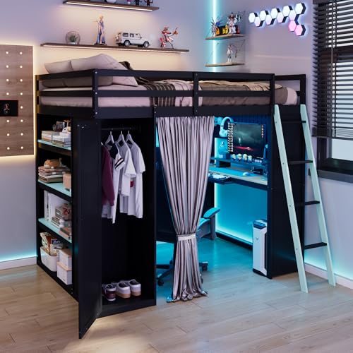 Image of Full Gaming Loft Bed with Wardrobe & Desk & Charging Station & RGB Light,Esports Wood Loft Bed Frame with Storage Shelves,Curtains and DIY Pegboard,Space Saving,No Box Spring Needed,Black Blue