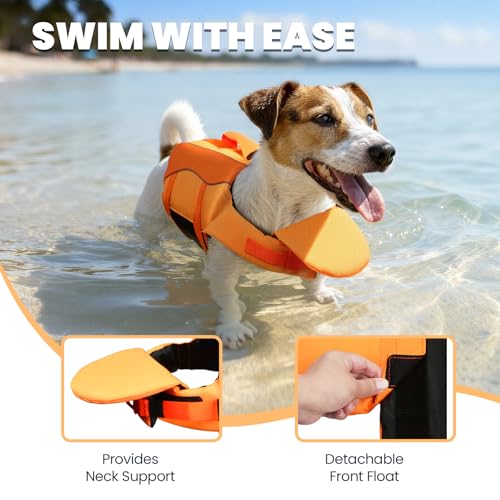 Image of VIVAGLORY Dog Life Vest Front Float Dog Swim Vest, M, Dark Orange | Life Jacket with Chin Float & Handle for Swimming & Boating, High Visibility Adjustable for Doggy Cat Puppy