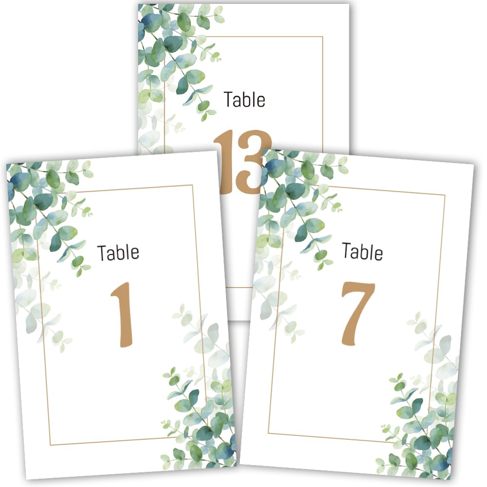 PRESSINART 26Pcs Green Table Numbers 1-25 Wedding Table Number Cards 6 x 4 Inch Eucalyptus Design Double Sided Paper Seating Display Sign for Wedding Reception Anniversary Birthday Bridal Party Decor
