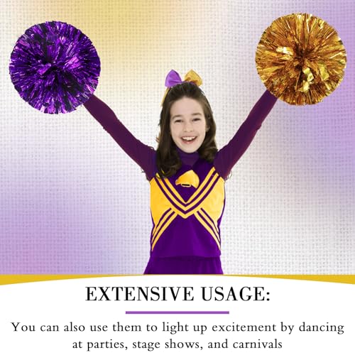 Set of 3 12 Inch Cheerleading Pom Poms and Large Cheerleader Ponytail Bow Holder for Girl Large Metallic Cheerleader Pom Poms for Sports Team Cheering (Purple and Gold)