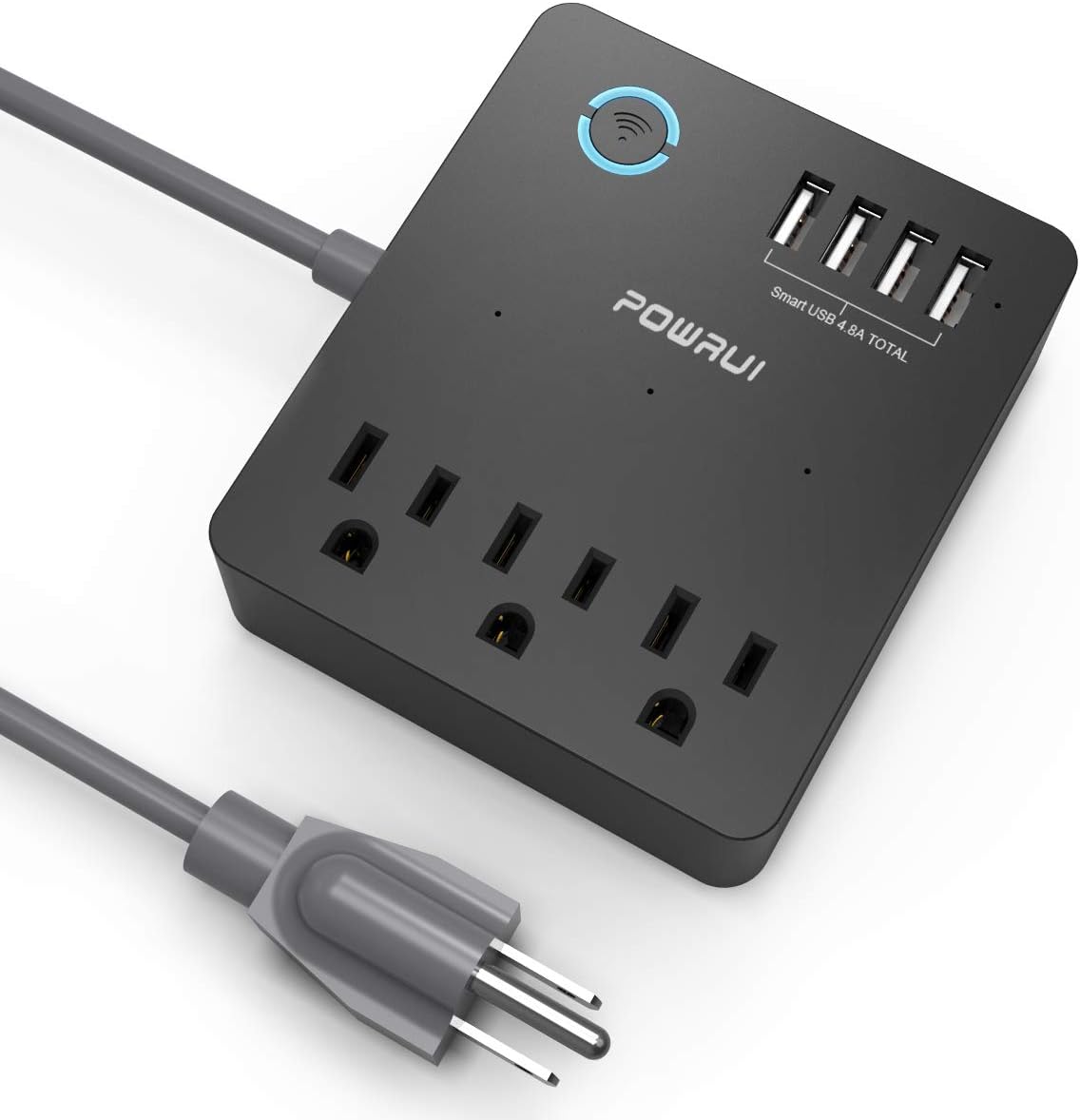 Top-down view of the POWRUI AHR-081 Smart Power Strip showing AC outlets, USB ports, and power button.