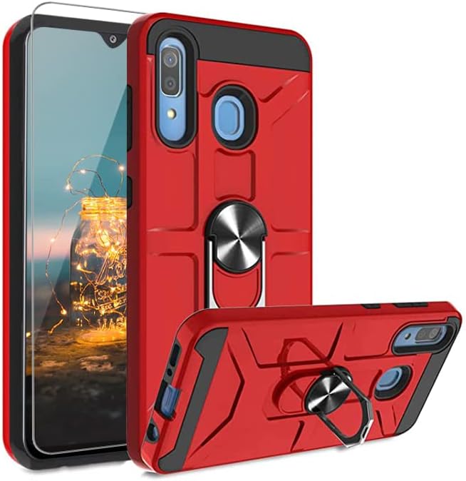 TJS Compatible with Samsung Galaxy A20 Case, Galaxy A30 Case, Galaxy A50 Case, with [Tempered Glass Screen Protector] Defender Metal Ring Kickstand Magnetic Support Phone Case (Red)