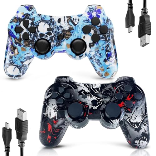 CHENGDAO Controller for PS3 Controller 2 Pack for PlayStation 3 High-Performance Wireless Controller with Double Vibration Motion Control, Wolf&amp;Blue