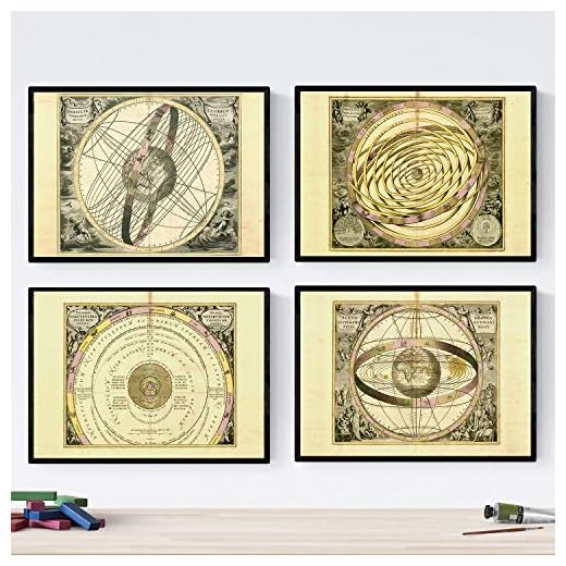 Nacnic Set de cuatro láminas con mapas astronomicos antiguos. Posters de mapas astrologicos en tamaño A4