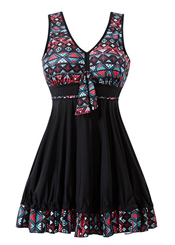 COCOPEAR Women's Tribal Print One Piece Swimdress Skirted Bottom Swimsuit(FBA) Black Floral 4XL/14-16