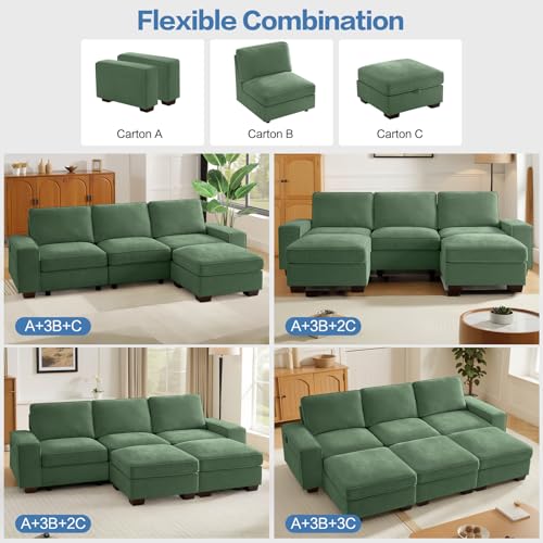 Image of TEKAMON 100 inch Modular Sectional Sofa with Seats Storage, U Shaped Couch with Movable Ottomans, Chenille Fabric Couch for Living Room, USB Port, Removable Cover(Green, 3 Seater & 2 Ottomans- U Shape)