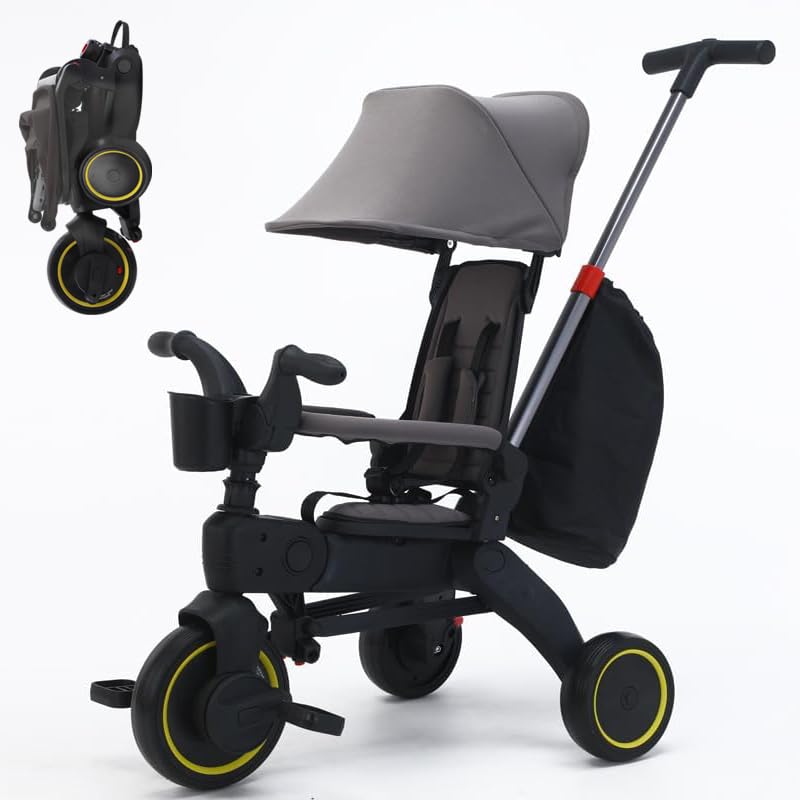 Baby Tricycle,5 in 1 Compact Folding Kids Trike with Adjustable Parent Handle,Safety Harness & Wheel Brakes, Removable Canopy, Stroll Trike for Toddlers Boys & Girls 10 Months-3 Years,Gray