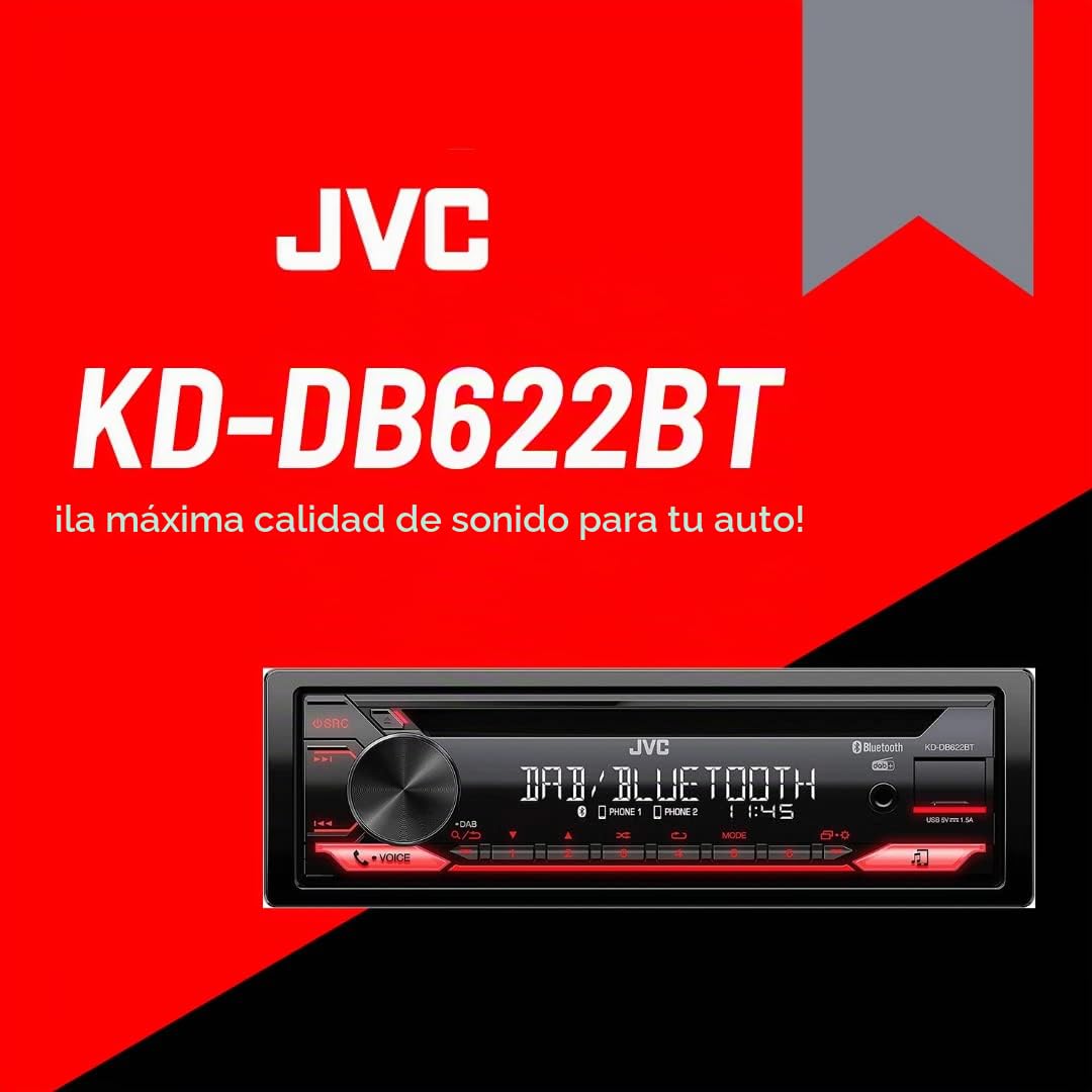 JVC KD-DB622BT Radio de Coche CD con Dab+ y Kit Manos Libres Bluetooth (procesador de Sonido, USB, AUX-In, Spotify Control, 4 x 50 vatios, iluminación de botón Rojo, sin Antena)