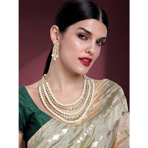 Image of Peora Kundan Faux Pearl Long Necklace & Jewelry Set Gift for Women