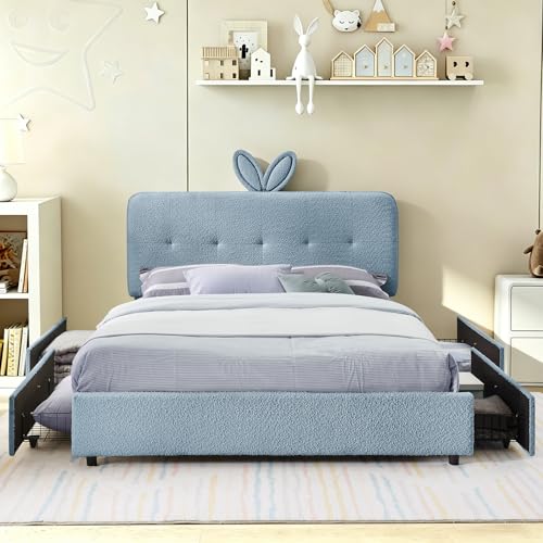 Image of Queen Led Bed Frame with 4 Storage Drawer, Upholstered Platform Floor Bed with Rabbit Ear Headboard Daybed Strong Wooden Slats No Box Spring Needed for Kids Girls Boys, Blue