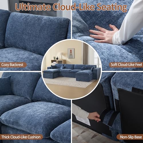 Image of 146''Cloud Boneless Sectional Couch, Modular Sectional Sofa Deep Seat with 2 Ottomans, Oversized Upholstered Convertible Comfy 6 Seater Chenille Sofa U Shape Couches for Living Room, Blue