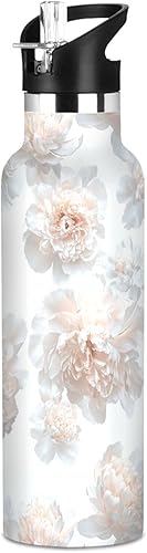 Miniatura 14 de Botella de agua reutilizable con aislamiento de doble pared blanco Dianthus retro, aislada con tapa de pajilla, sin BPA, a prueba de fugas, para
