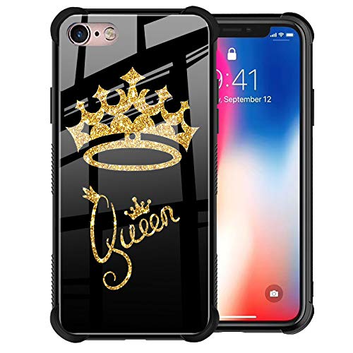 iPhone 6 iPhone 6s Case, Queen Golden Crown Pattern Gold Glitter Stylish Design Slim Fit Luxury Tempered Glass Black Cover+Soft Silicone TPU Shockproof Bumper Case for iPhone 6/6s