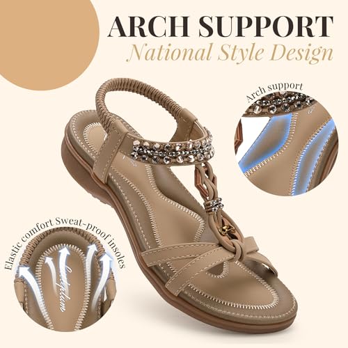 Image of Littleplum Womens Sandals Arch Support Slingback Rhinestone Dressy Sandals Comfort Summer Shoes Ankle Strap Elastic Flats for Beach Walking