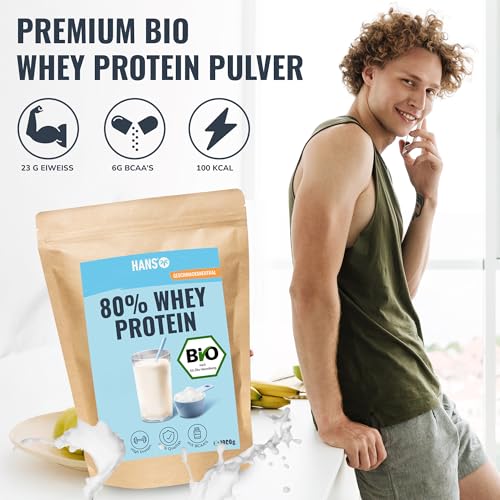 Bio Whey Protein Pulver von Hans Brainfood, 80% Eiweiß aus Bio-Molke, 1kg