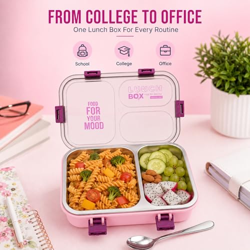 Image of Stainless Steel Lunch Box with 3 Compartments Leak Proof Airtight Lid BPA Free Food Storage Container Durable Portable Bento Tiffin for Kids, School Picnic (2 Compartment Pink)
