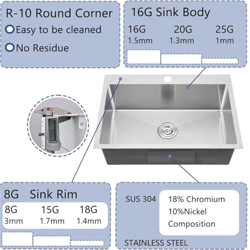 VALISY 28X18 Inch Drop In Kitchen Sink, Topmount Stainless Steel Brushed Nickel Single Bowl Kitchen Sink, Extra-thick 16 Gauge Kitchen Sinks For RV Laundry Utility with Basket Strainer by VALISY - Image 7