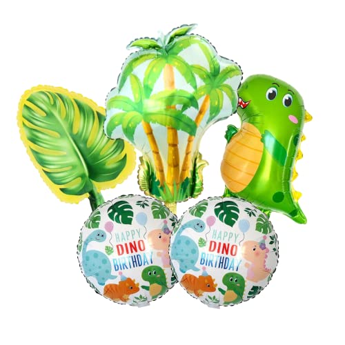 Image of Party Decorz Dinosaur Foil Balloon Set Of 5pcs (1pcs Tree Balloon + 1pcs Leaf Balloon +2pcs Round Happy Birthday Balloon + 1pcs Dinosaur Balloon) For Kids Dinosaur Theme Birthday Party Decoration