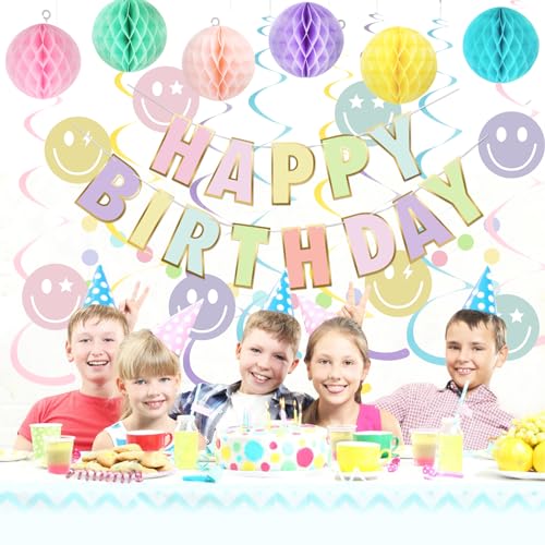 meowtastic Pastel Birthday Decorations - Macaron Happy Birthday Banner with Honeycomb, Smiley Face Hanging Swirl Streamer, Circle Dot Garland Decorations - Birthday Party Decorations for Boys Girls - Image 6