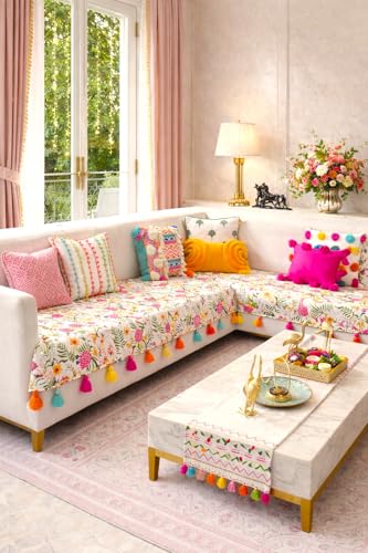 Image of Neutral Tropical Floral Sofa Cover Tassels: Thick Fabric L-Shape Sofa Cover, Washable: Seat & Front Back Protection -Set of 3 Seat Covers & Single Back Cover- L Shape (2 Seater + Lounger + Ottoman)