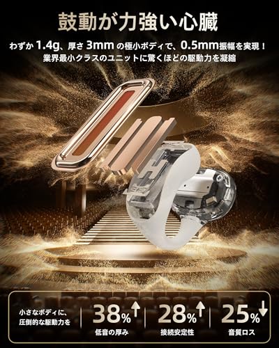 ACEFAST ワイヤレスイヤホン イヤーカフ Bluetooth 6.0 マイク付きイヤホン AI 通話 ノイズキャンセリング 軽量 耳を塞がない タイプC 急速充電 専用アプリ 操作簡単 左右分離型 骨伝導 より快適 開放型 イヤホンオープンイヤー ACECLIP Pro ゴールド