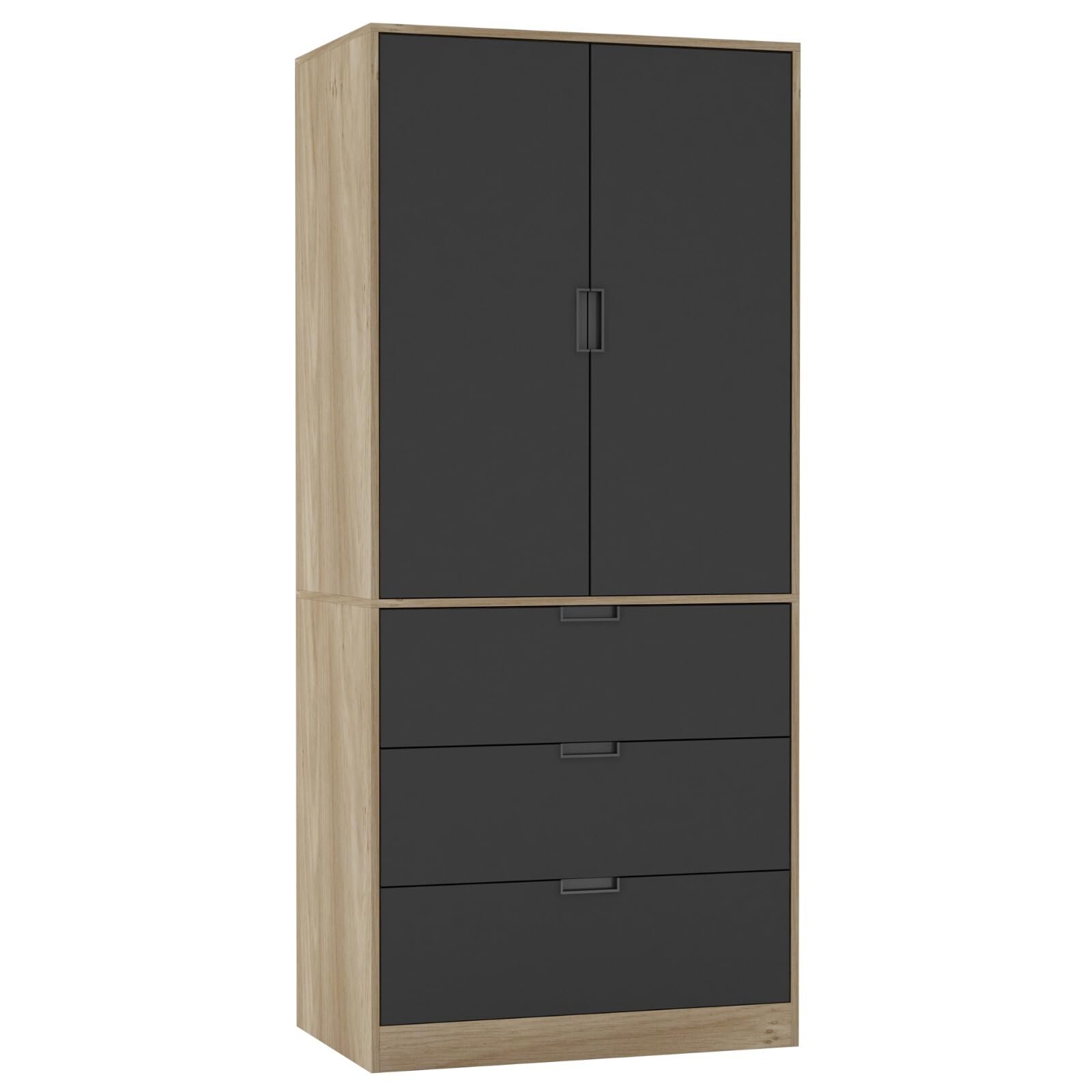 URBNLIVING Modern 2 Door Wardrobe with 3 Drawers & Hanging Rail, Stylish Freestanding Storage, Spacious Interior, Durable Chipboard Build, Easy to Assemble Bedroom Furniture