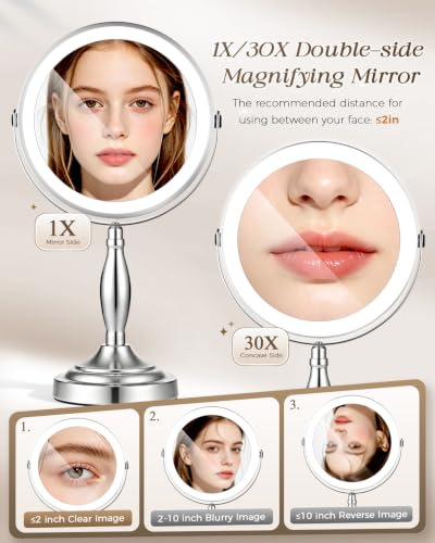 Image of 30X /1X Magnifying Mirror with Lights, Rechargeable Lighted Makeup Mirror