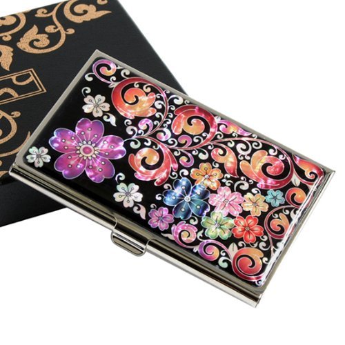 Mother of Pearl Design RFID Blocking Protection Business Card Case, Credit Card Holder, Metal Name Card Case, Stainless Steel Engraved Slim Purse Pocket Cash Money Wallet (Purple Flower)2