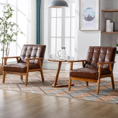 Kayflora PU Leahter Accent Chair Set of 2, Mid-Century Modern Armchair with Solid Wood Armrests, Button-Tufted Comfortable Cushioned Reading Chairs for Living Room, Bedroom (Brown