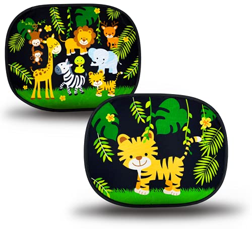 2X HECKBO Parasol Autoadhesivo para Coche - protección Solar para niños - Animales de la Selva Jungla - 44x36cm - protección Solar para ventanillas de Coche - Ventana Lateral - parasoles con Bolsa Cover