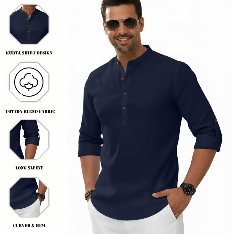 Image of Macsivo Men's Cotton Blend Solid Short Kurta with Regular Lenth Mandarin Neck Full Sleeves and roll-up tab| Kurta Style Shirt for Men