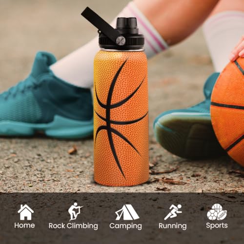 Image of SANDJEST Basketball Water Bottle 32oz Stainless Steel Insulated Bottles for Men Women Sports Lovers Fan Players Coach - Basketball Gifts for Birthday Christmas