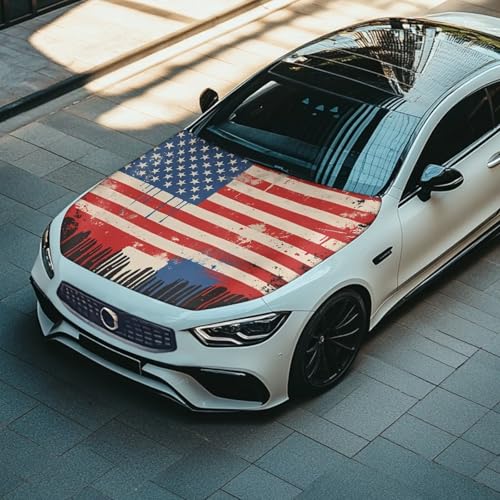 Image of 59x39 Inch Hood Cover for Compact Cars SUV Sedans Trucks, American Flag Design Waterproof Stretchable Car Hood Wraps Auto Banner Auto Dcorative Accessories