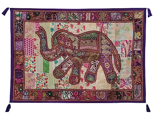 Image of Ekam Art Rajasthani Handmade Heavy Elephant Embroidery Cotton Patchwork Tapestry Cotton Wall Decor Hanging Beaded Tapestries Home Living Room Decor 40 x 60 Inch (Purple)