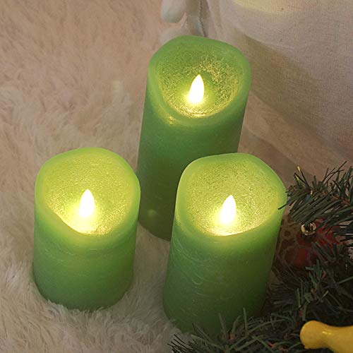 Image of CANDLE CHOICE Battery Operated Flameless Candles with Remote Timer Real Wax Realistic Bright Flickering Electric LED Pillars Lights Wedding Party Christmas Decorations Set of 3 Rustic Texture Green