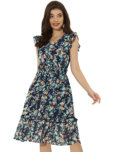 Image of Allegra K Women's Floral Dress Spring Summer V Neck Flutter Sleeve Ruffle Casual Smocked Knee Length Dresses