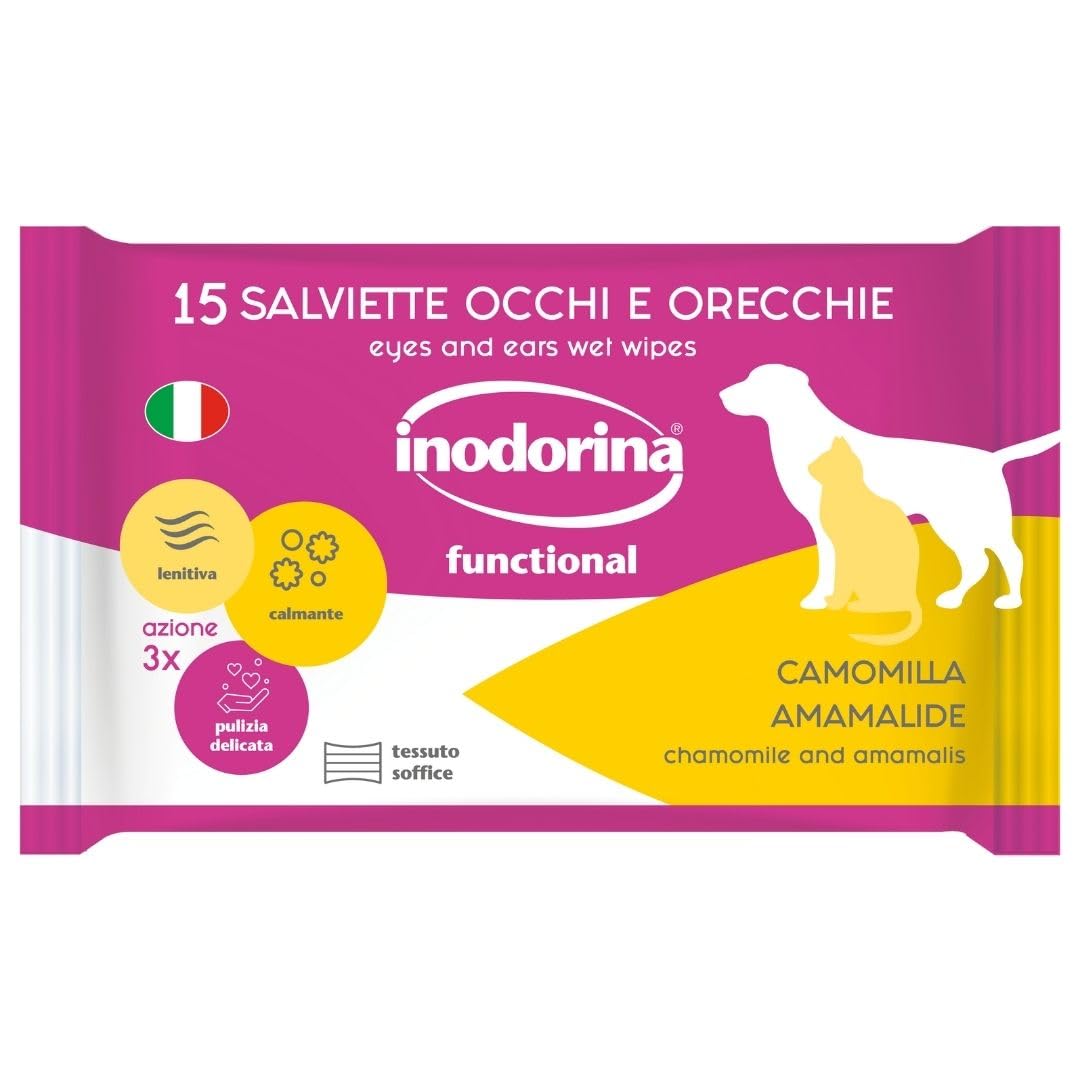 Inodorina Salviette Refresh per Occhi e Orecchie di Cani e Gatti (24 Confezioni da 15 Pezzi, Camomilla) – Salviettine per Animali ad Azione emolliente e antiodore – Rispettano Il PH Naturale