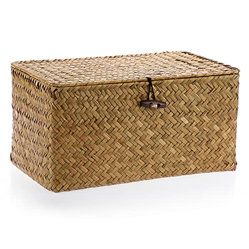 OLegei Panier de rangement en osier panier avec couvercle panier pour étagère boîte de rangement organisateur de table (caramel, 31 x 18 x 15cm)